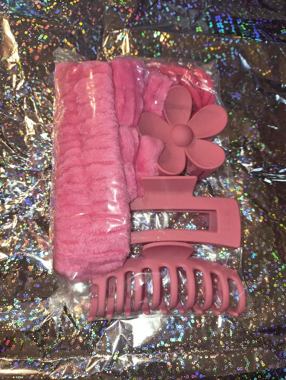 Pink Hair Accessory Set - Claw Clip, Flower Clip & Headband